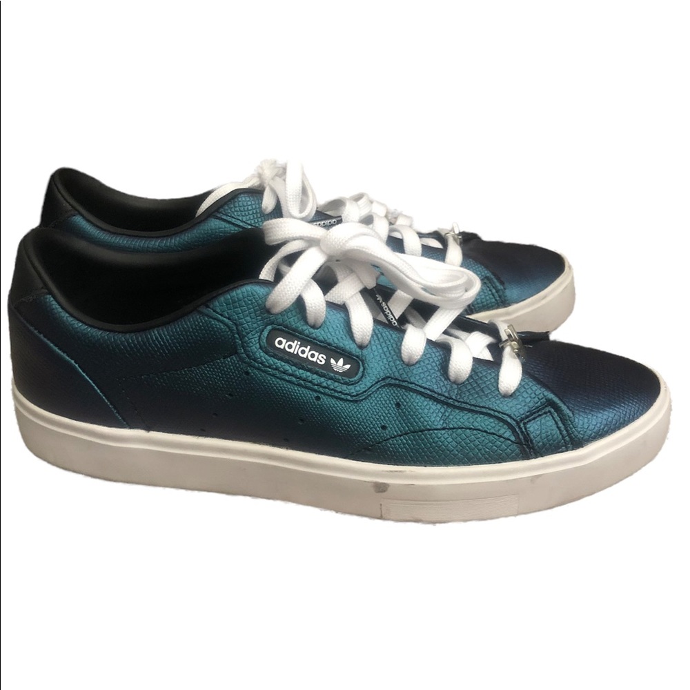 Adidas Originals Sleek Women's Sneakers Metallic Leather Sports Blue Shoes